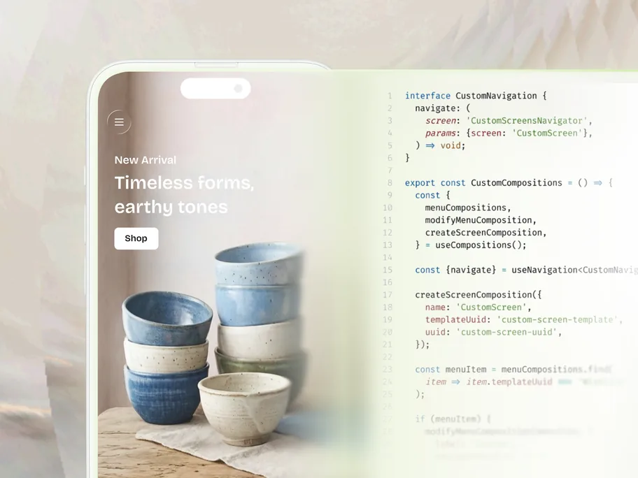 Smartphone screen showing pottery bowls with text 'New Arrival Timeless forms, earthy tones' and code on the right.