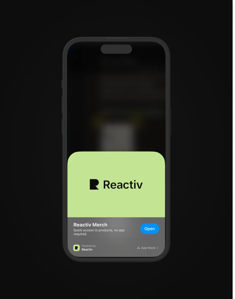 iPhone showing the Reactiv Merch App Clip card
