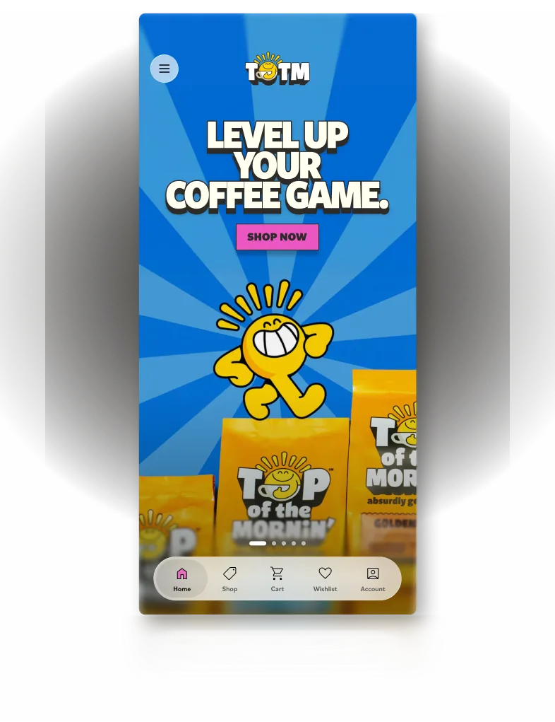 Mobile site screen with bright blue background, cartoon sun character, coffee bags, and text Level up your coffee game.