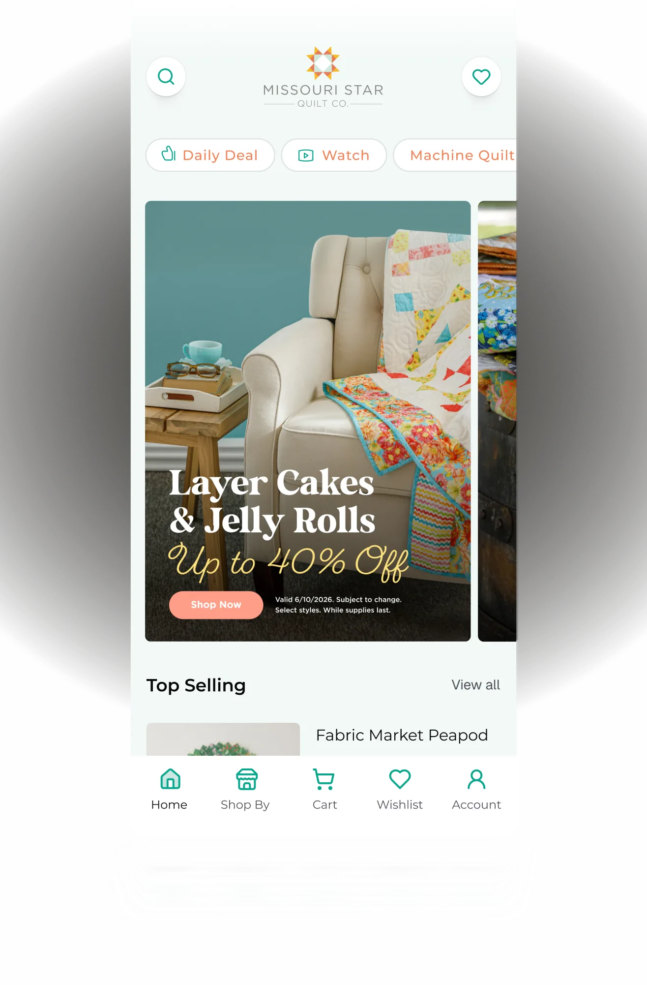 Mobile screen showing Missouri Star Quilt Co. app with quilt sale and navigation icons.