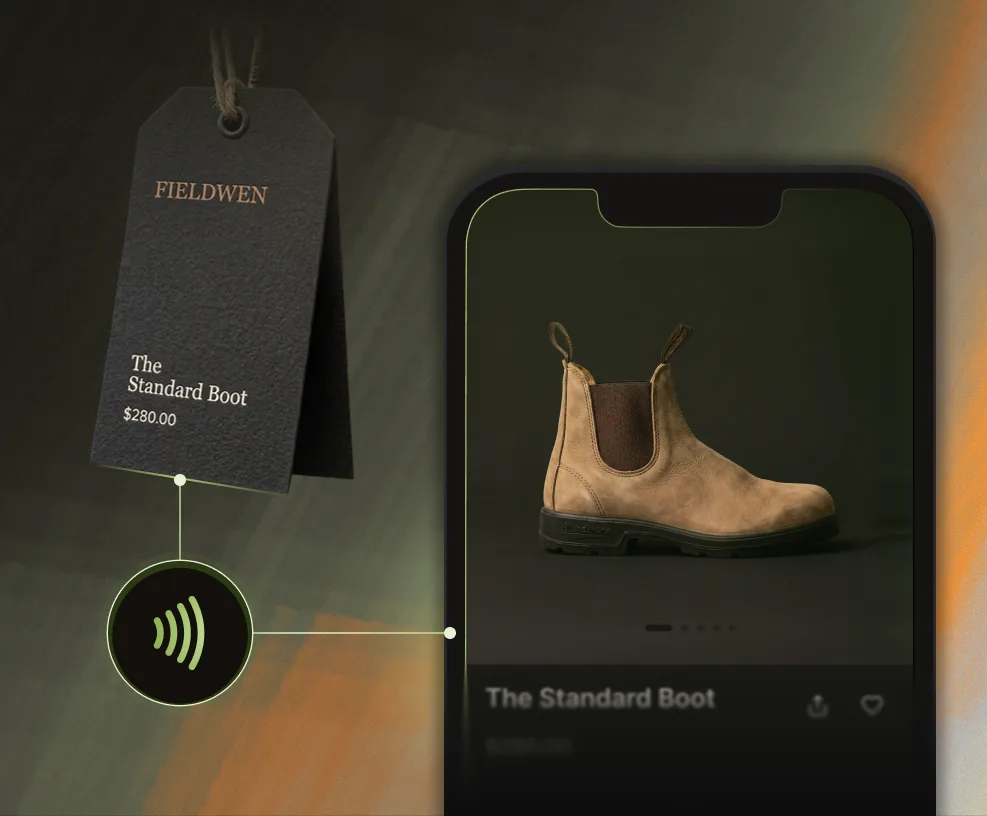 A Fieldwen boot tag linked digitally to a brown boot displayed on a smartphone screen.