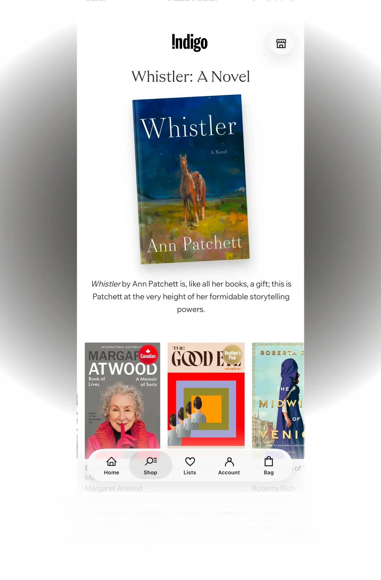 Mobile app screen showing Whistler by Ann Patchett with other book covers and navigation menu.
