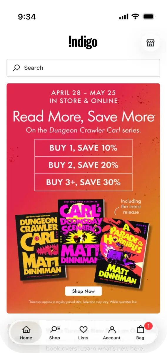 Indigo app home screen with search bar and a featured Read More Save More merchandising banner