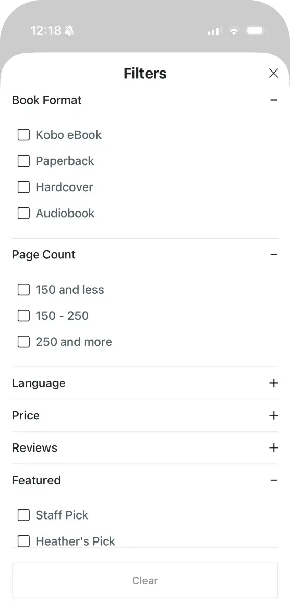 Indigo app search screen with filters for format, page count, language, and price