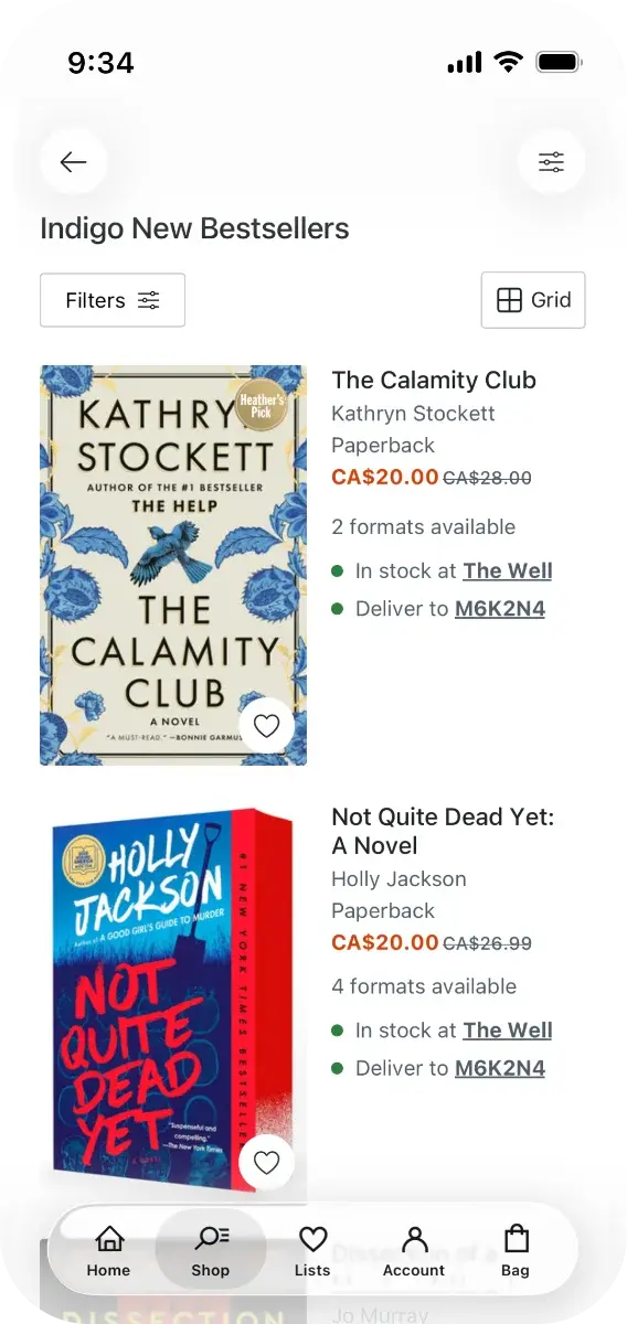 Indigo app product listing screen showing books with prices, formats, and fulfilment details