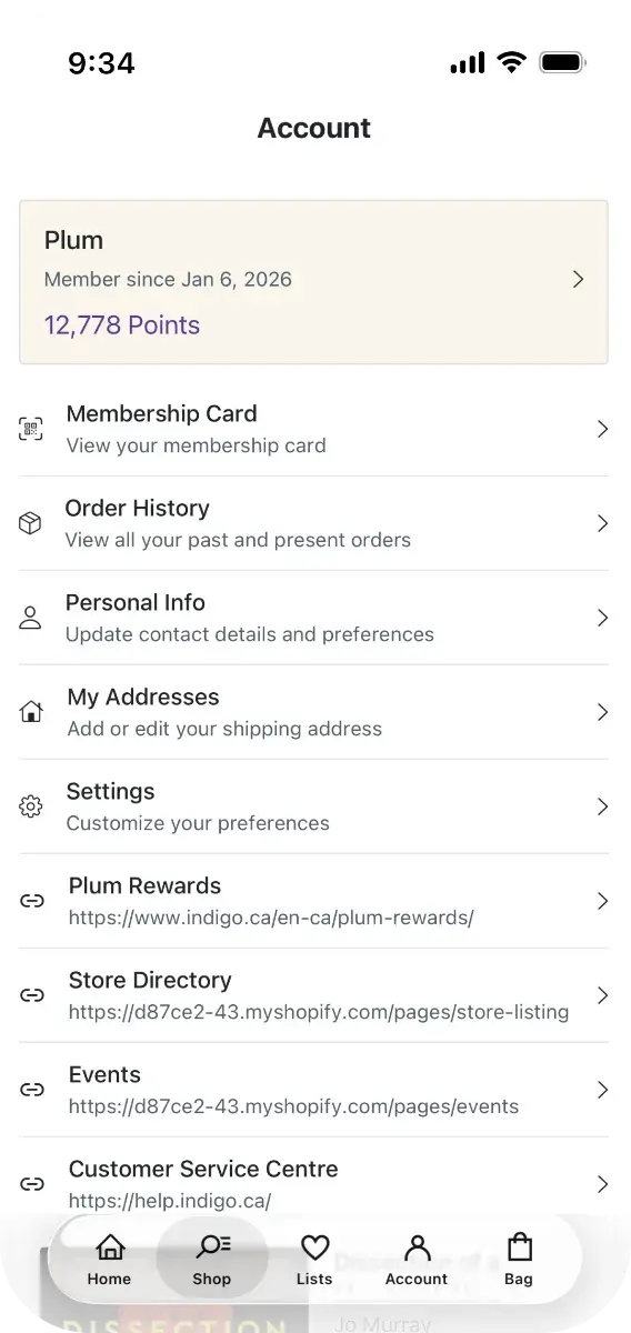Indigo app account screen showing plum Rewards points and tier progress