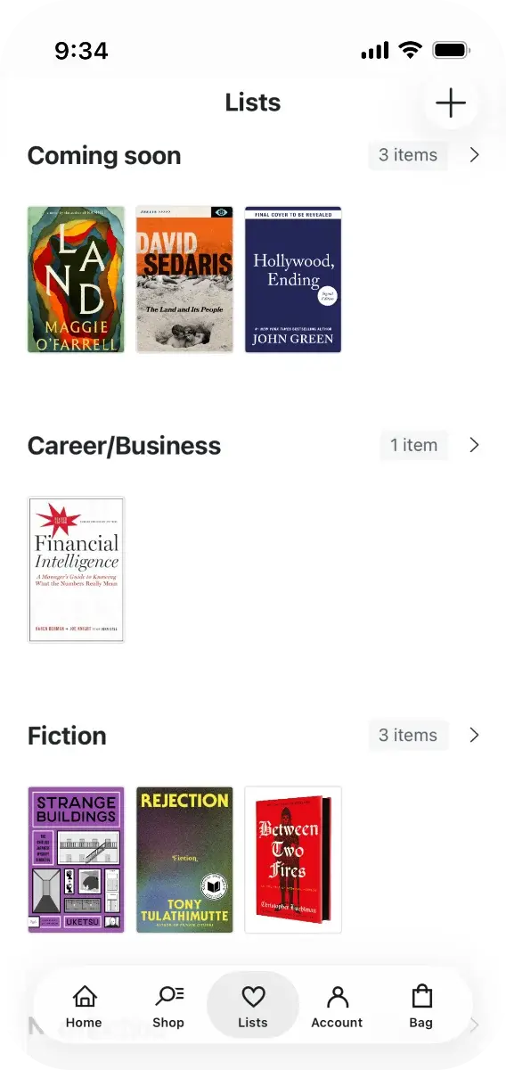 Indigo app wishlist screen showing multiple saved lists with books