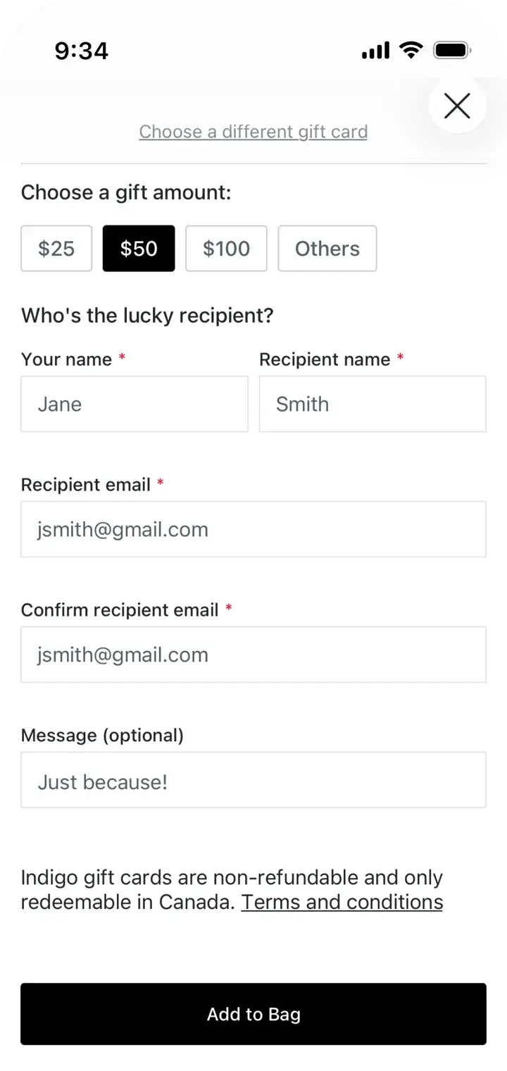 Indigo app custom gift card screen with amount, recipient, and message fields