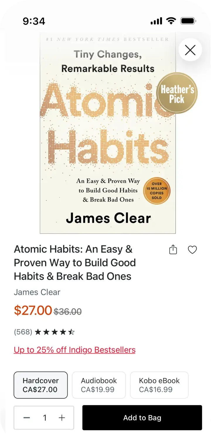 Indigo app product detail screen for Atomic Habits with formats, price, and add to bag