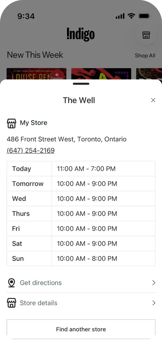 Indigo app store locator screen with map, store hours, and directions