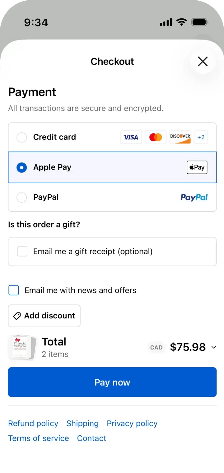 Indigo app Shopify checkout screen with credit card, Apple Pay, and PayPal options