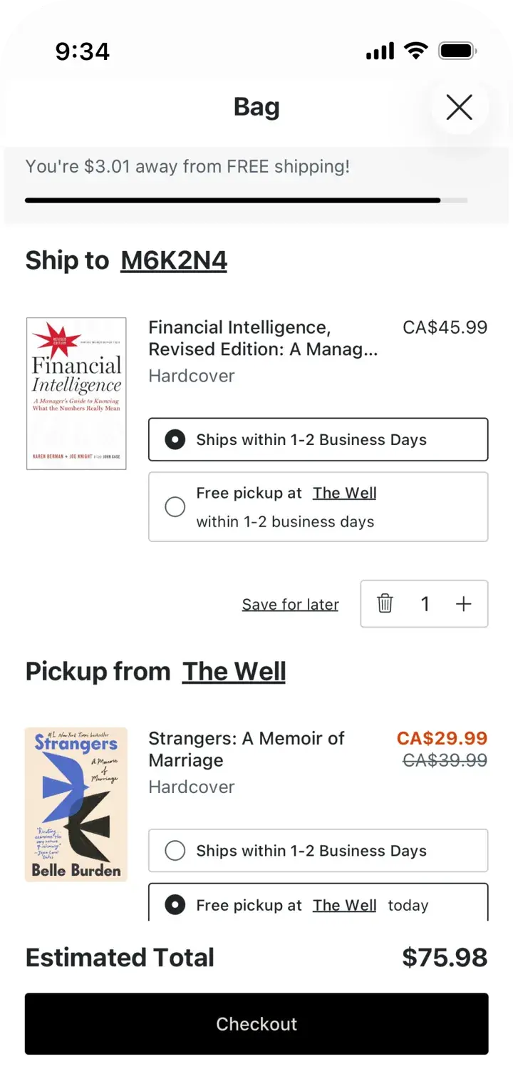 Indigo app cart screen with shipping and pickup item groups and free shipping banner