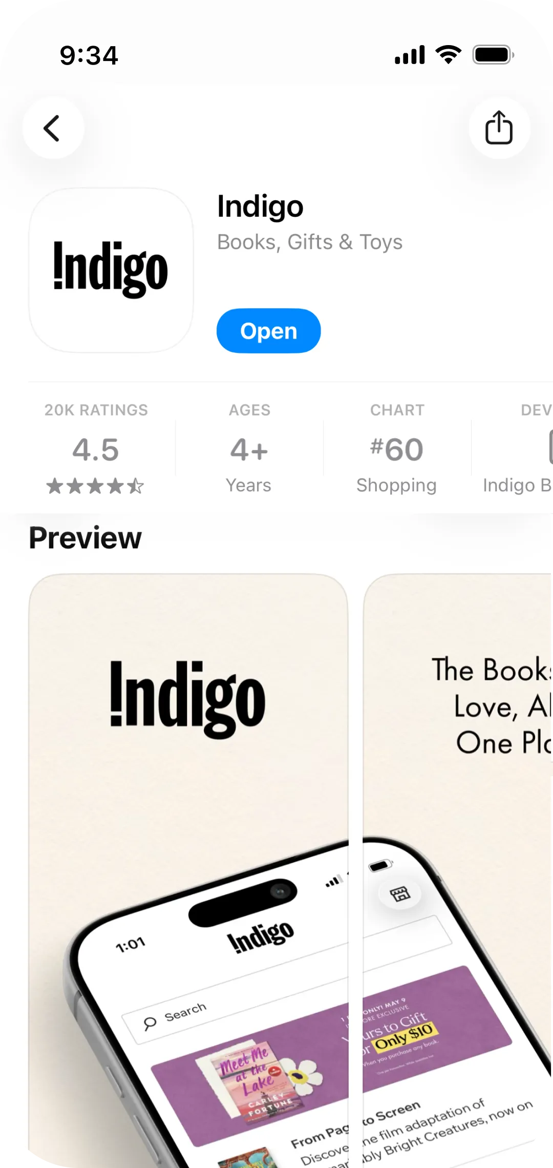 Indigo app listing in the App Store with 4.5 star rating and preview screens