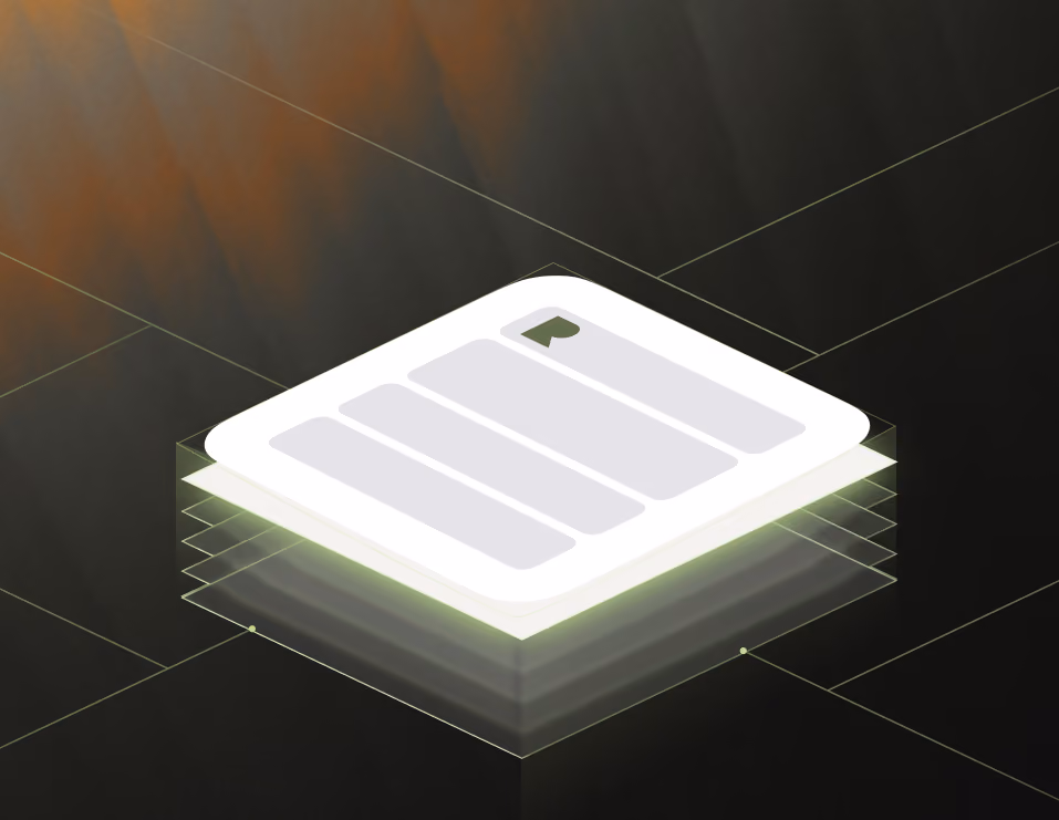 Glowing transparent box with an app card reading Shop now and an Open button floating above it.