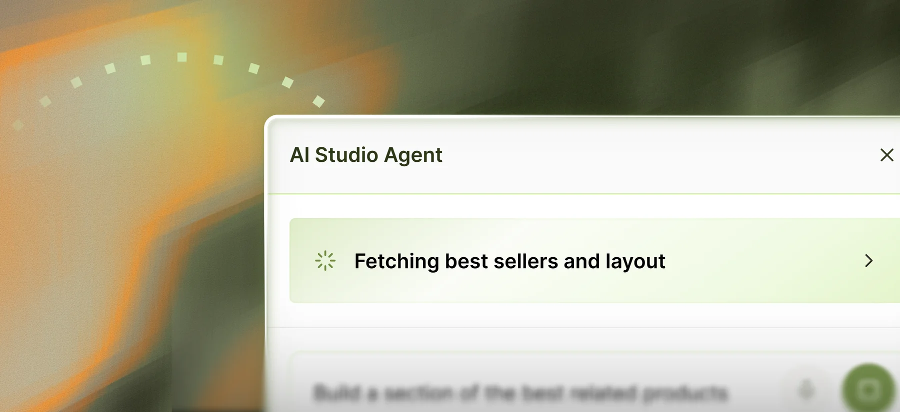 AI Studio Agent panel fetching best sellers and layout, over an orange and green gradient.