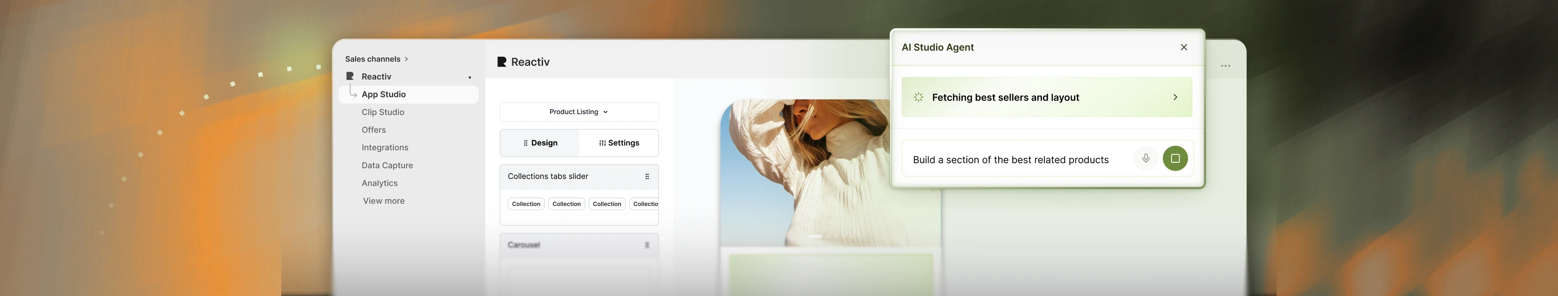 Reactiv dashboard in Shopify with the AI Studio Agent panel fetching best sellers and layout, next to an app preview.