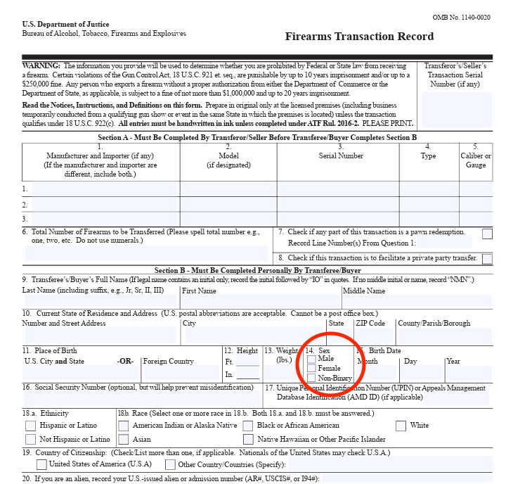 Current ATF Form 4473 with non-binary gender option