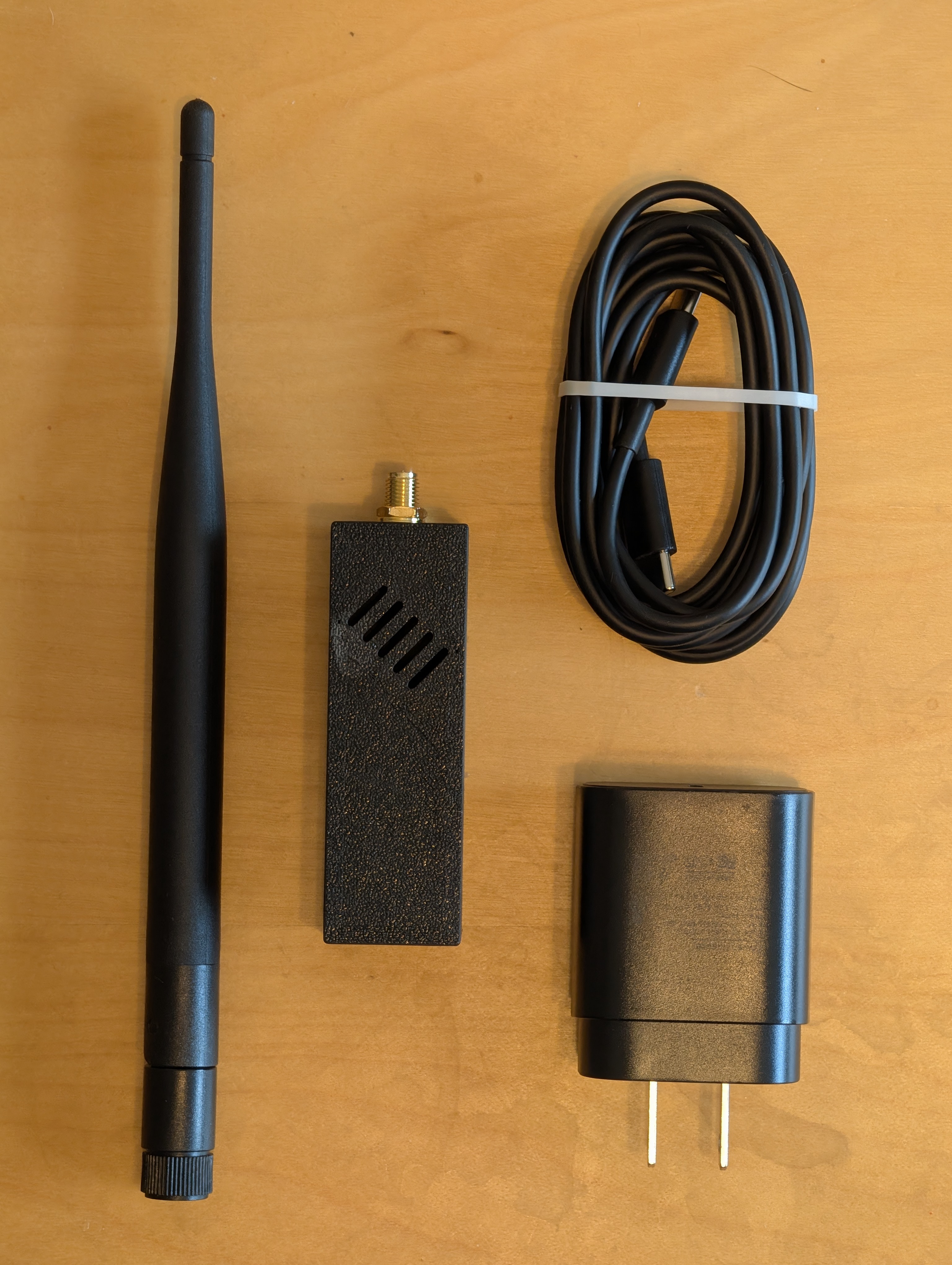 DroneSight receiver kit: antenna, receiver unit, USB cable, and power adapter