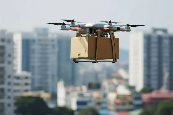 Delivery drone carrying a package over a city skyline