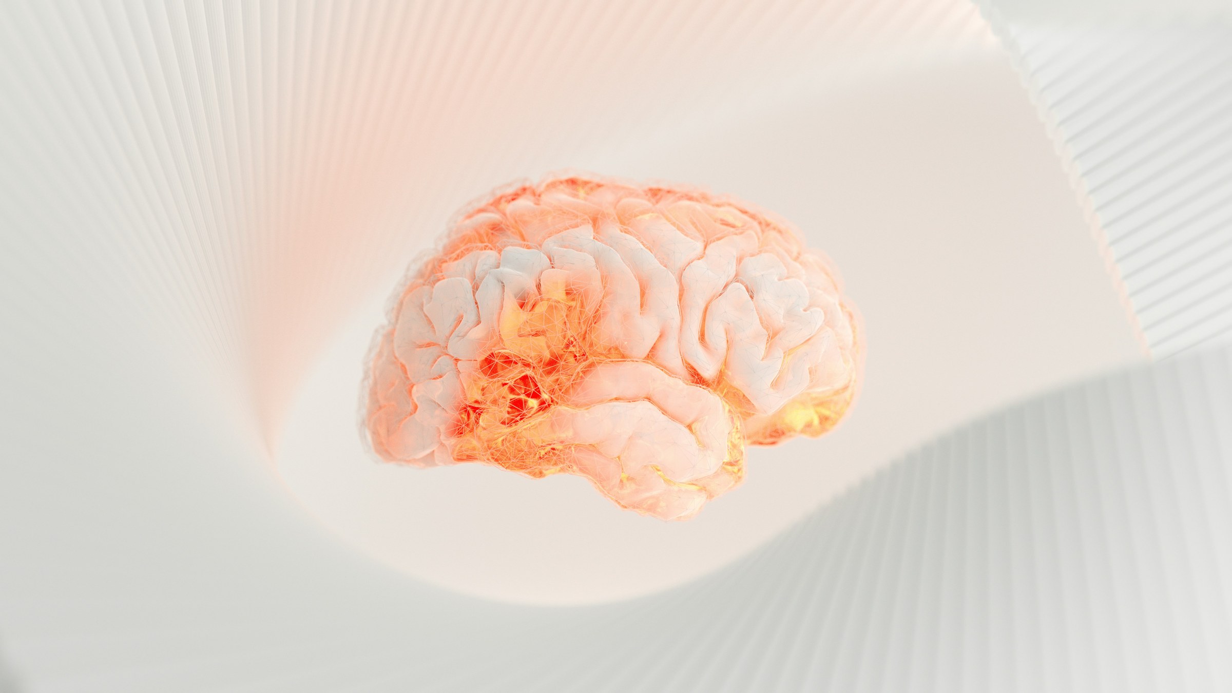 A rendered human brain lit from within, suspended in a white ribbed space