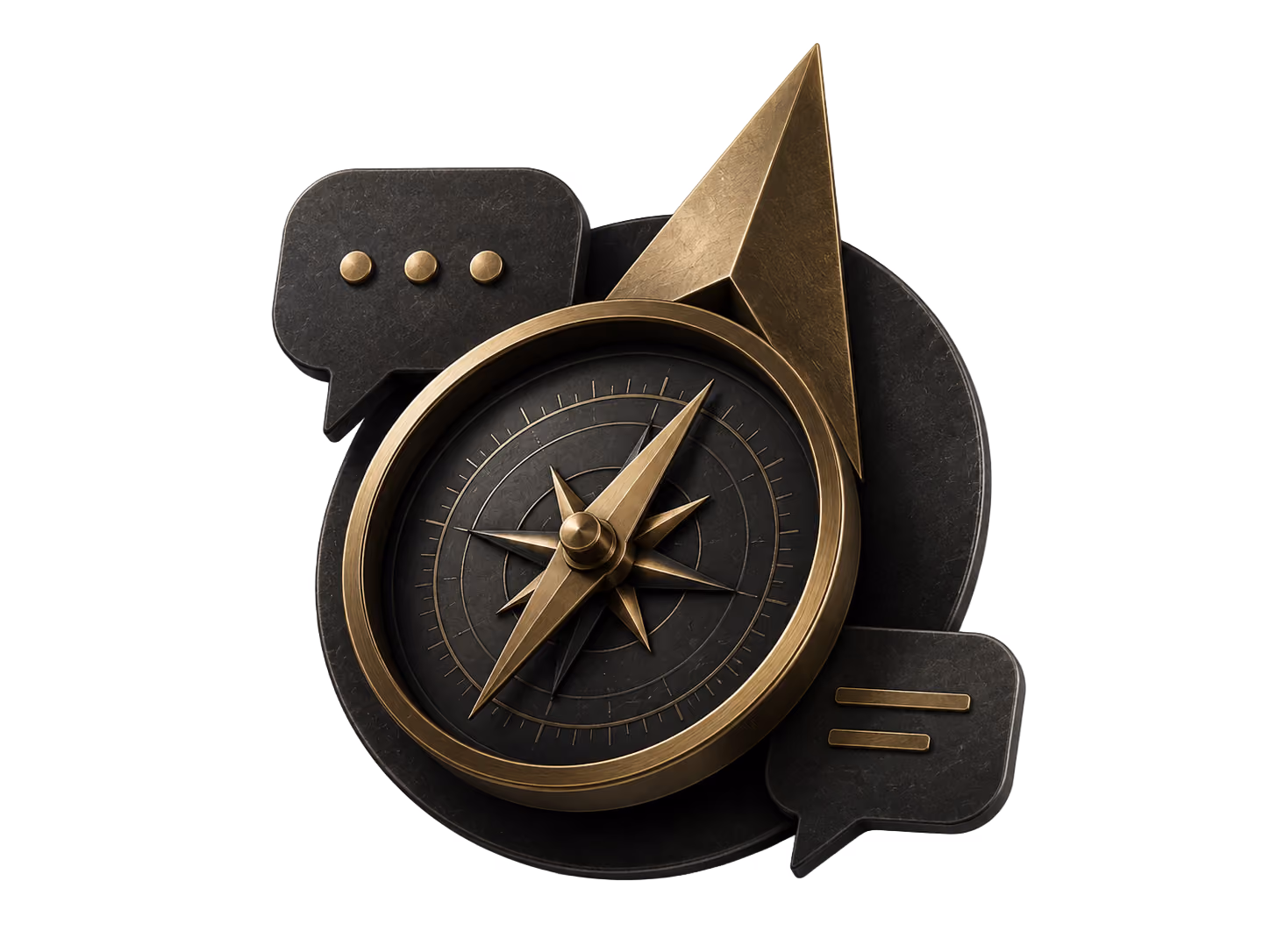 Bronze compass with navigation arrow and two black speech bubbles with gold symbols.