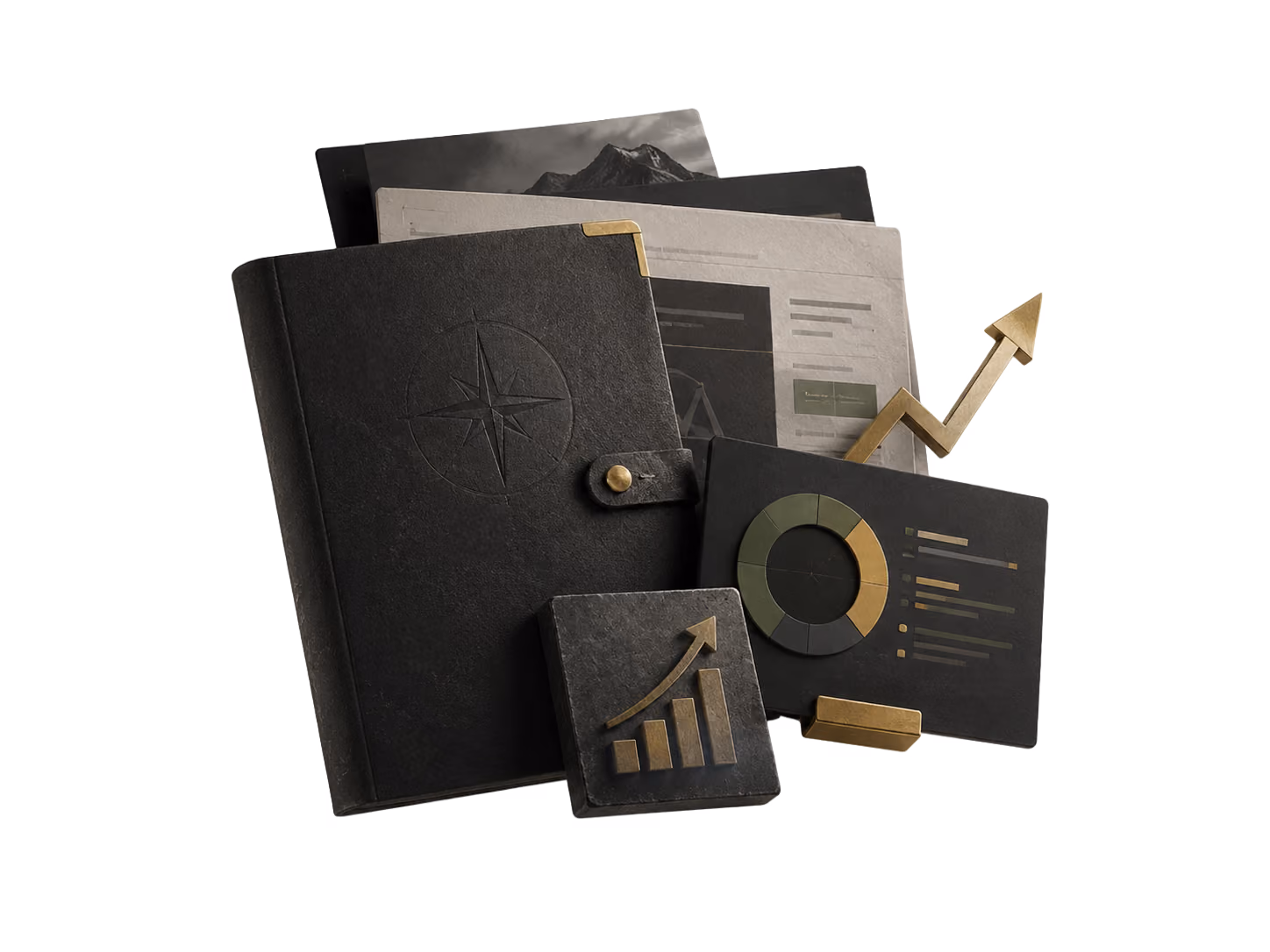 Black folder, financial charts, and upward arrow representing business growth and analysis.