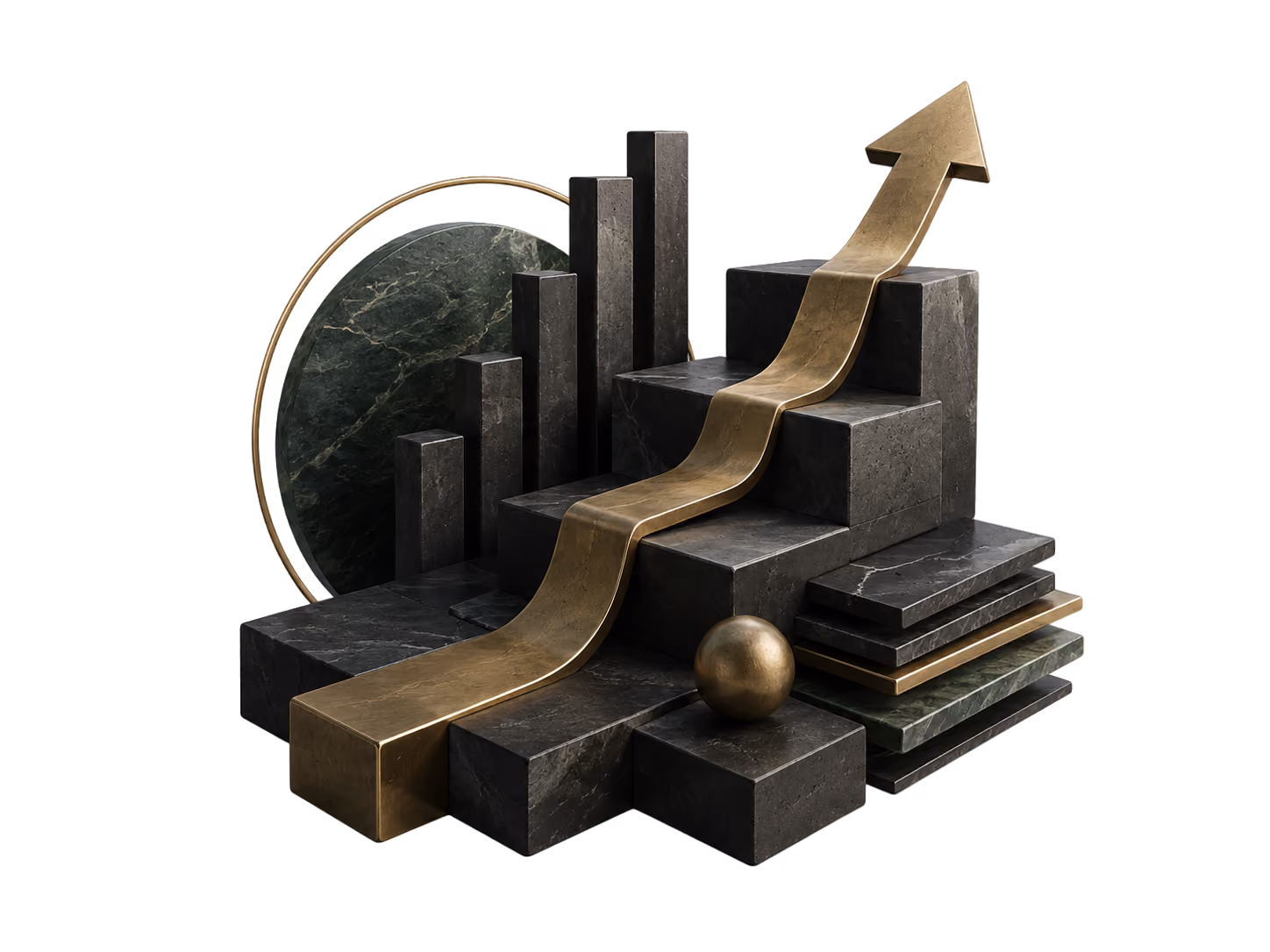 3D chart with dark stone blocks and a gold arrow rising upward representing growth.
