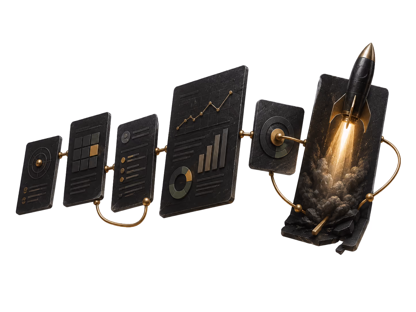 6 connected black panels with gold charts and a rocket launching from the last panel.
