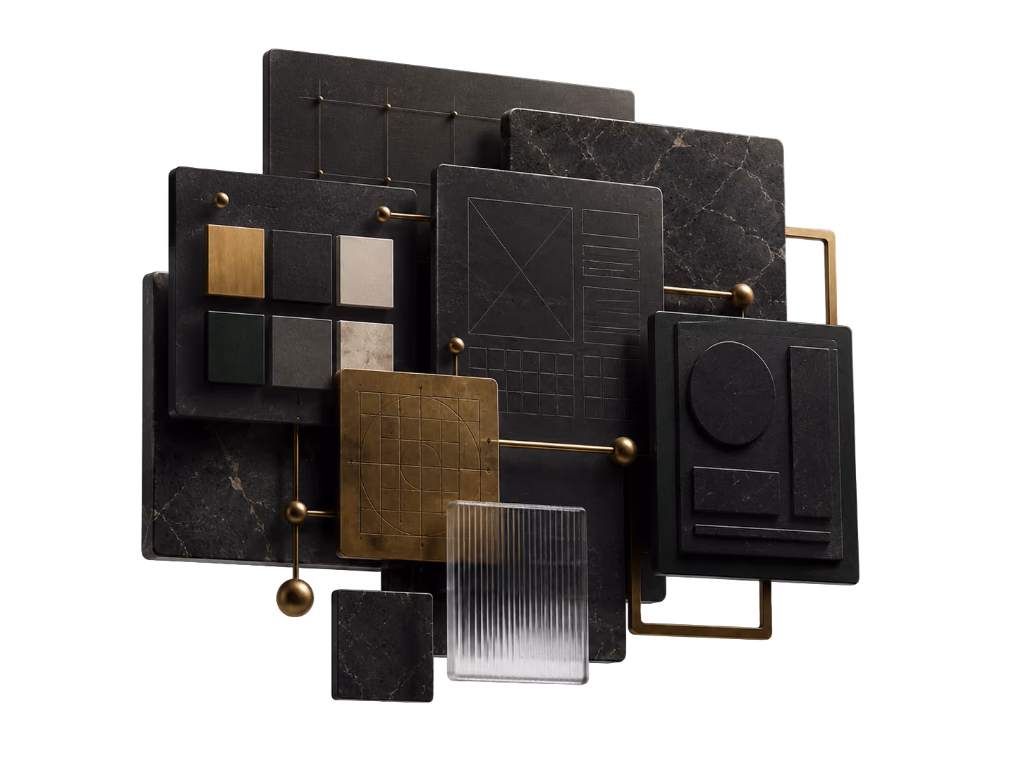 3D abstract composition of dark stone panels with gold and glass geometric accents connected by rods.