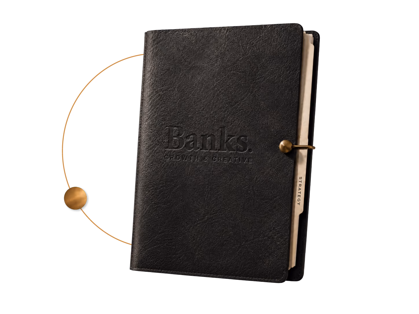 Black leather-bound folder with 'Banks Growth & Creative' embossed and a tab labeled 'Strategy'.