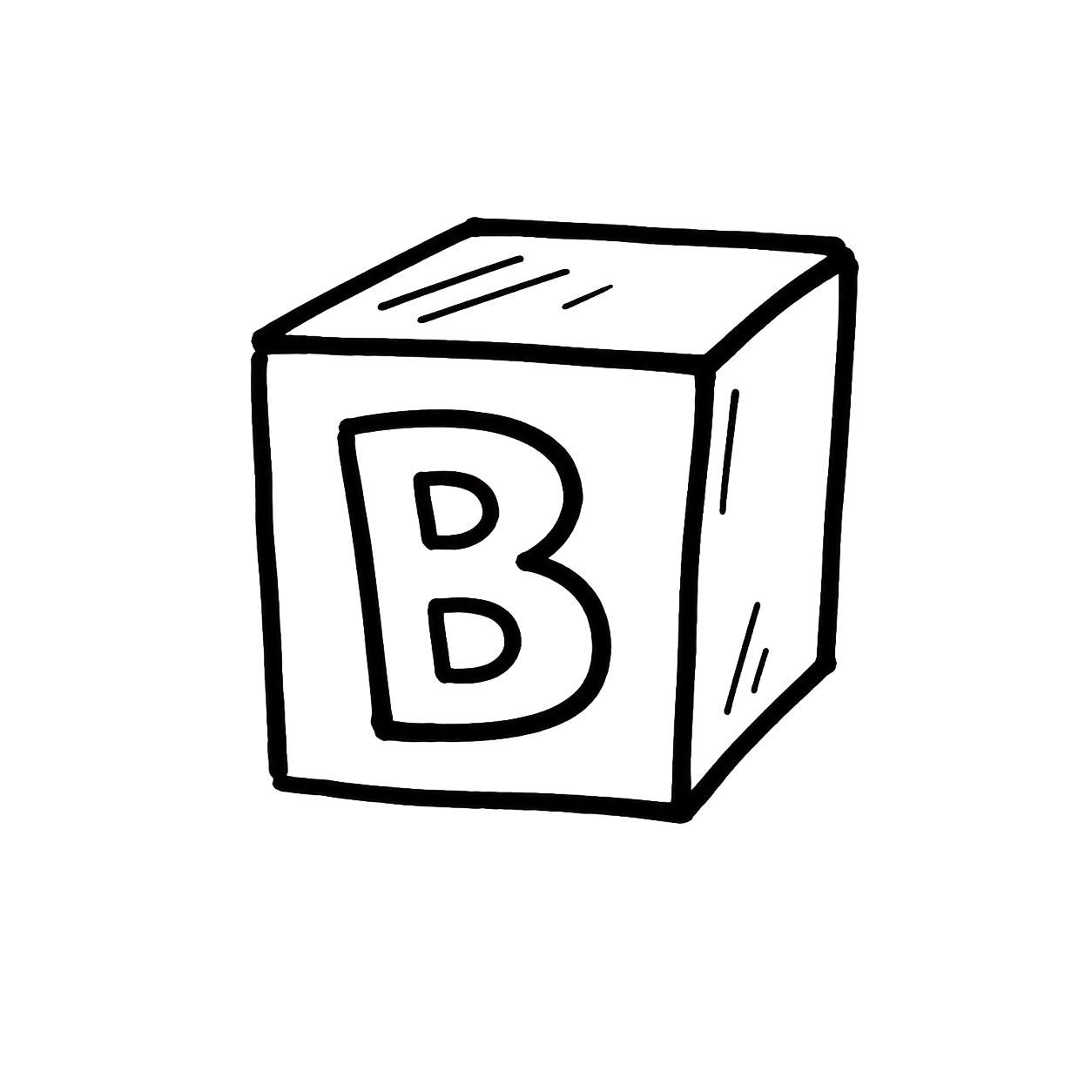 Black and white sketch of a cube block with the letter B on the front face.