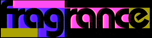 Animated text showing the word 'fragrance' with shifting pink, blue, and yellow colors on black background.