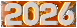 Bold white numbers 2026 with orange and gray abstract background.