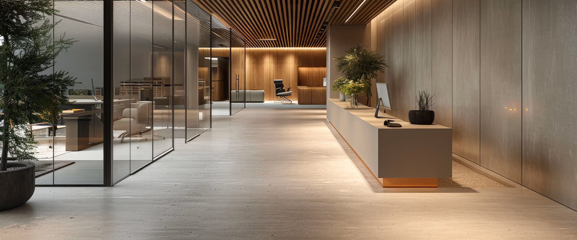 Modern office lobby with glass walls, wooden ceiling slats, a reception desk, and plants.