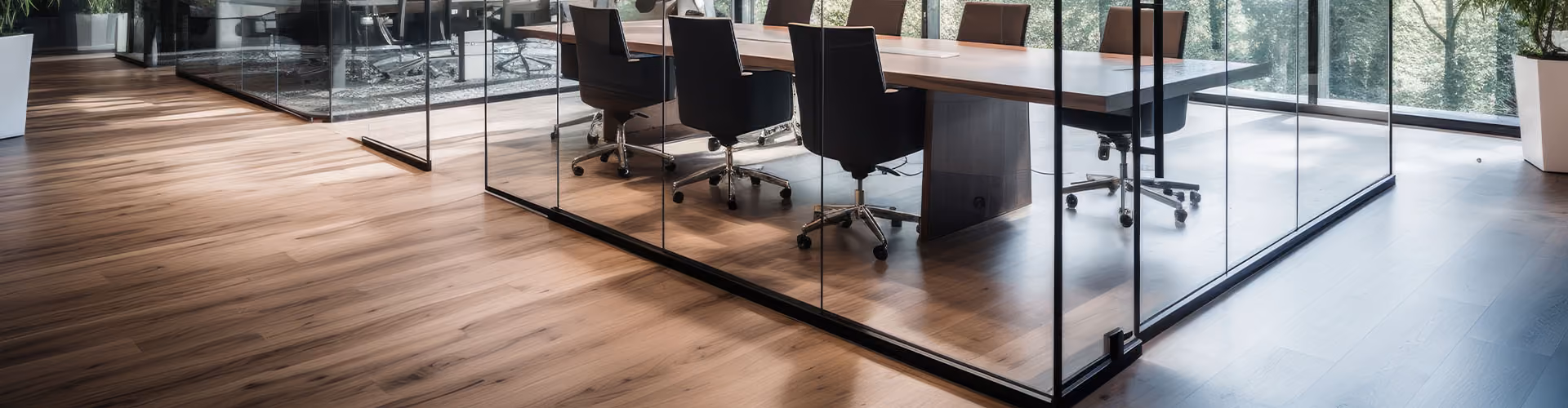 Modern office conference room with glass walls, wooden floor, table, and black chairs on wheels.