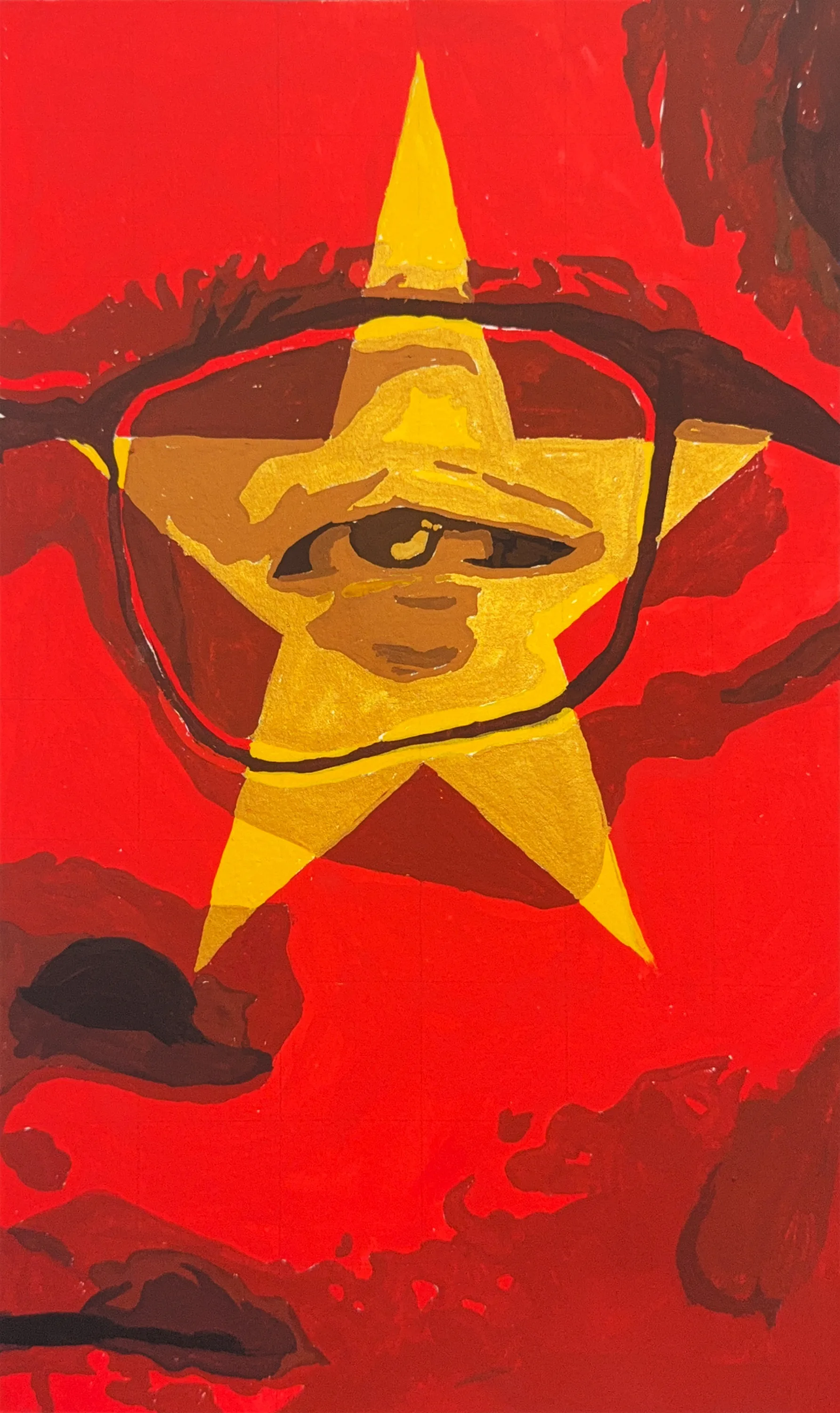 Gouache painting on a red field, a large gold five-pointed star with a single eye behind black-framed glasses set inside it.