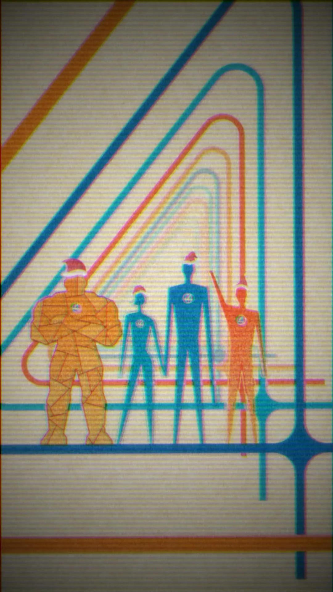 Animation frame with a scanline texture, four flat-shaded figures in Santa hats standing inside rounded orange, red and teal outlines that recede behind them on cream.