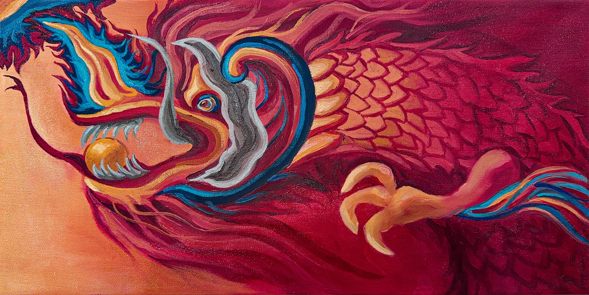 Right panel in oil: a Ly-Tran dynasty dragon with crimson and gold scales, blue fins and a golden orb at its mouth.