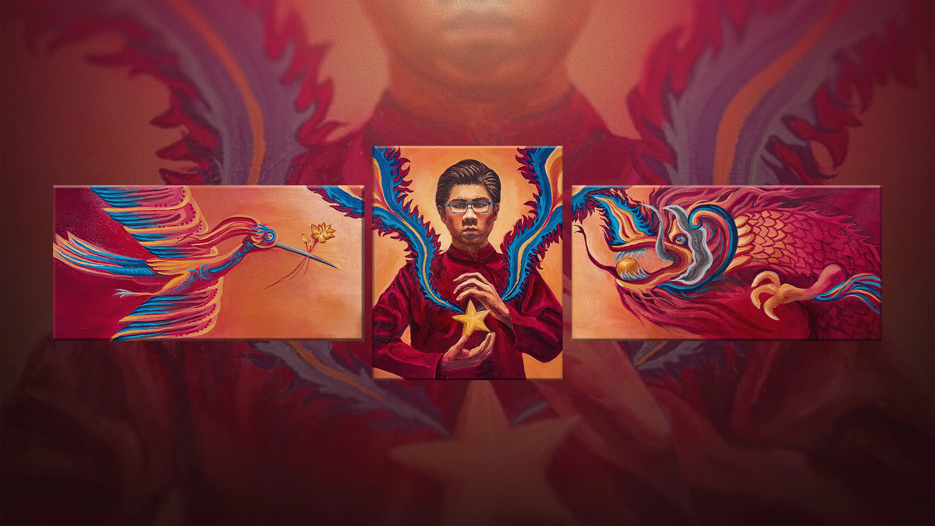 Oil triptych Vietnamese Spirit, the Lac bird carrying a golden lotus, a young man in a red Ao dai holding a gold star, and a Ly-Tran dynasty dragon.
