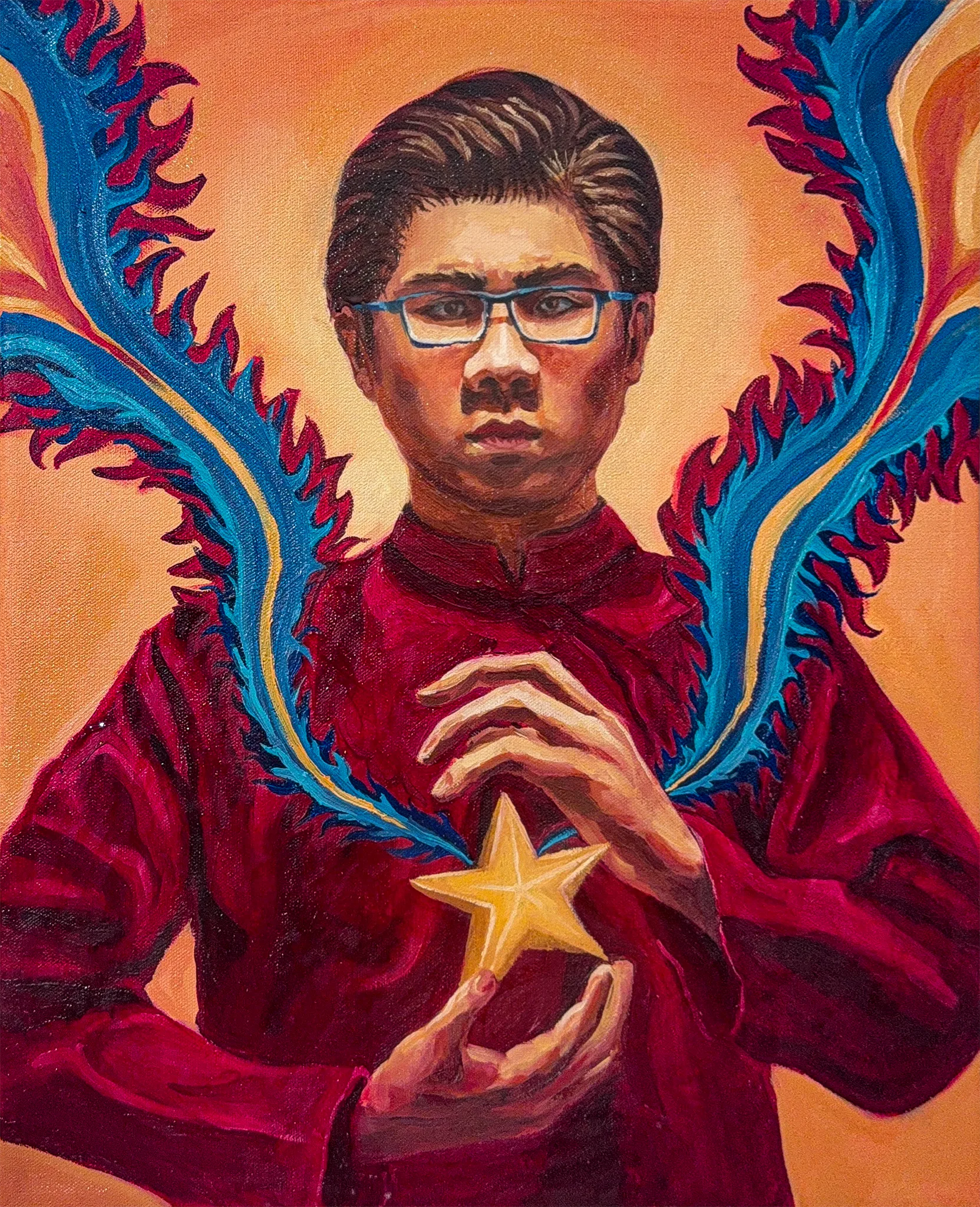 Centre panel in oil: a young man in glasses and a deep red Ao dai holds a gold five-pointed star in both hands, flanked by blue and crimson dragon flames.