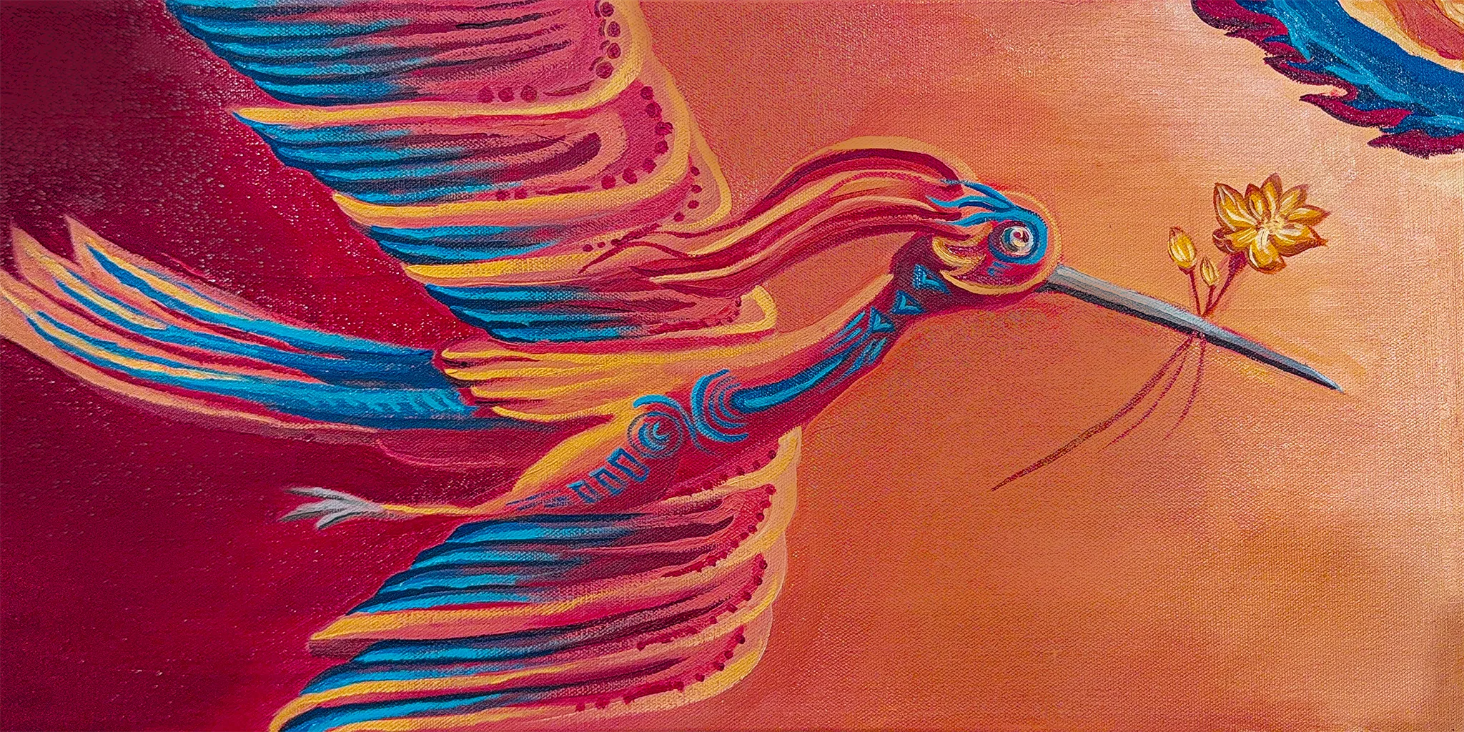 Left panel in oil: the ancient Lac bird in flight with red, blue and orange plumage, carrying a golden lotus in its long beak.