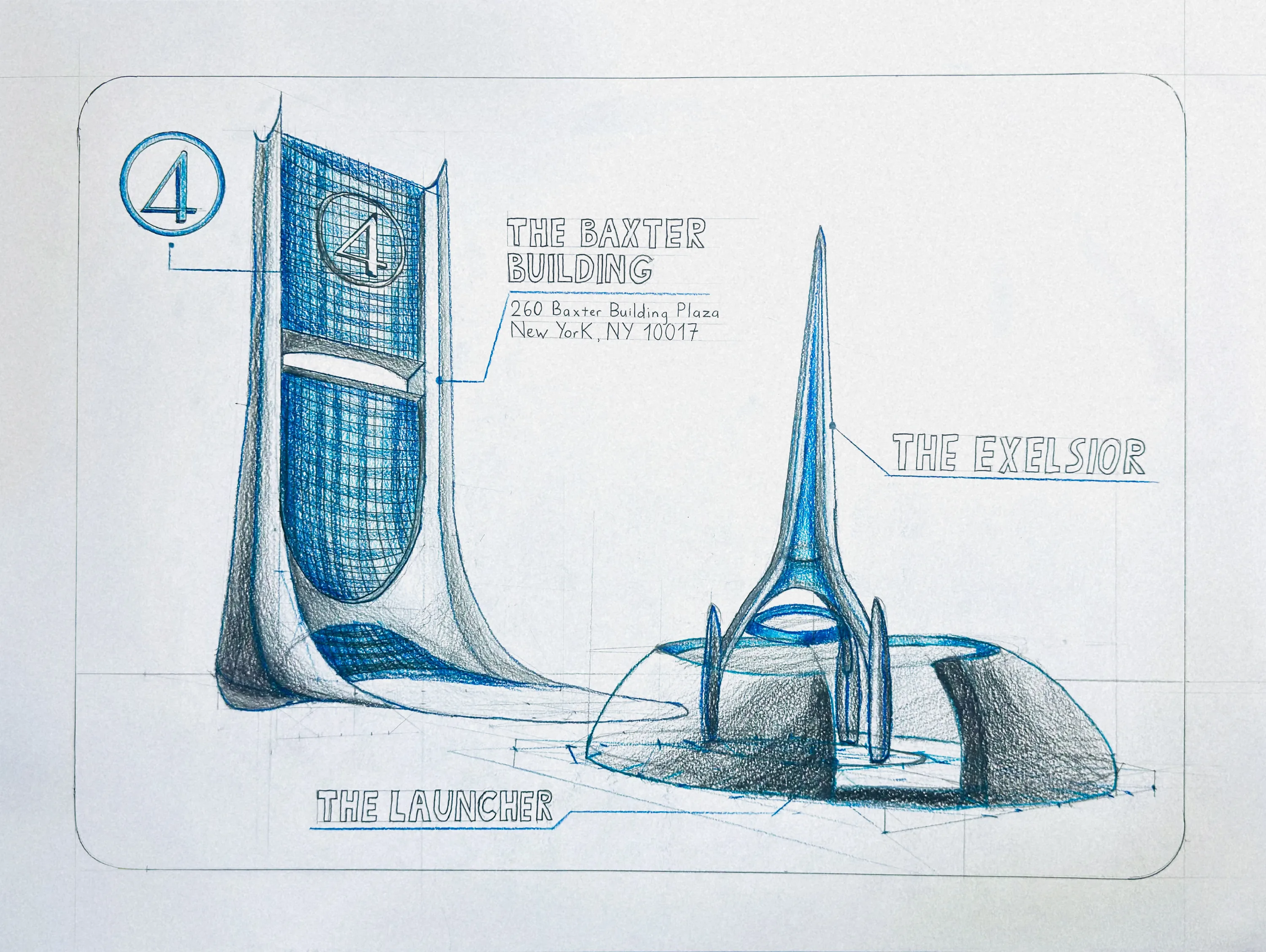 Graphite and coloured pencil presentation drawing of the Baxter Building and the Excelsior tower in perspective, with hand-lettered callouts and a circled number four mark.