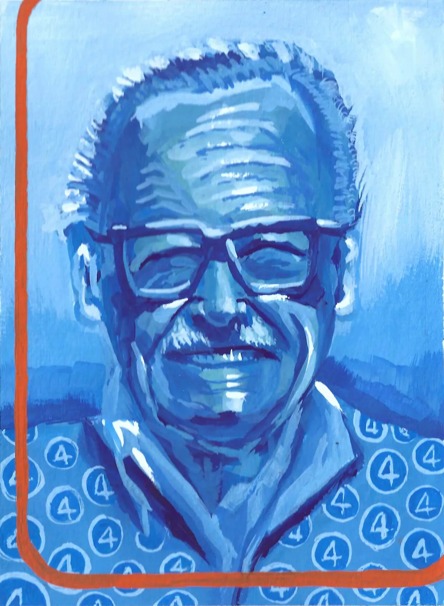 Gouache portrait of Stan Lee smiling in blues, in dark-framed glasses and a shirt patterned with circled number four motifs.