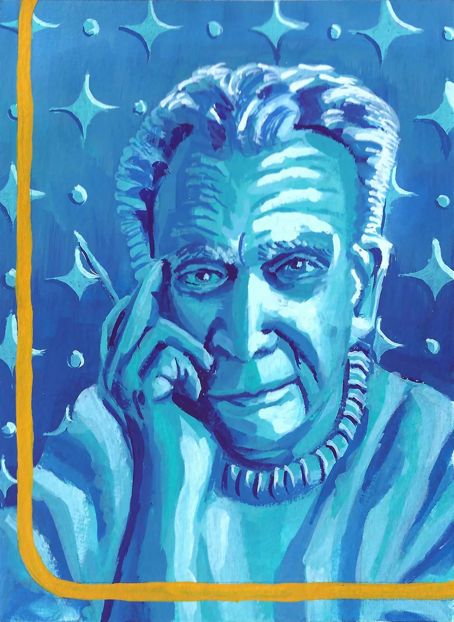 Gouache portrait of Jack Kirby in blues and teals, hand resting at his cheek, against a ground patterned with four-pointed stars.