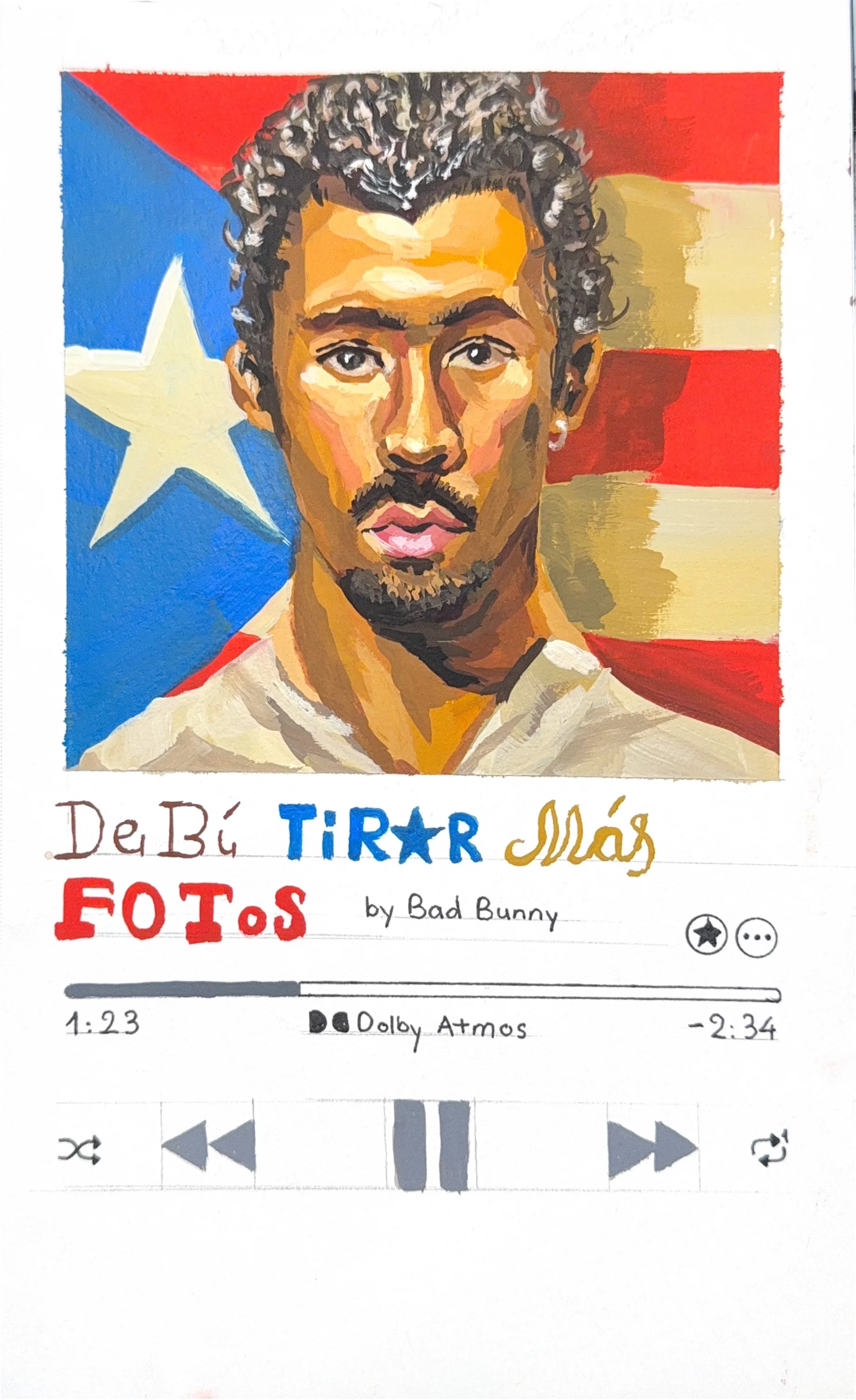 The Bad Bunny portrait laid out as a music player card, hand-lettered DeBi TiRAR MaS FoToS with a progress bar and transport controls.