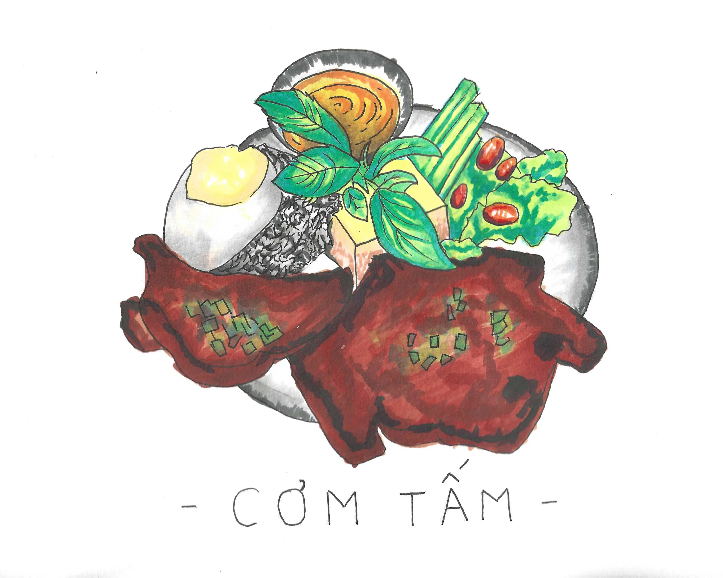 Alcohol marker and coloured pencil illustration of a Vietnamese broken rice plate with grilled pork, a fried egg, herbs and pickles, hand-lettered Cơm Tấm.