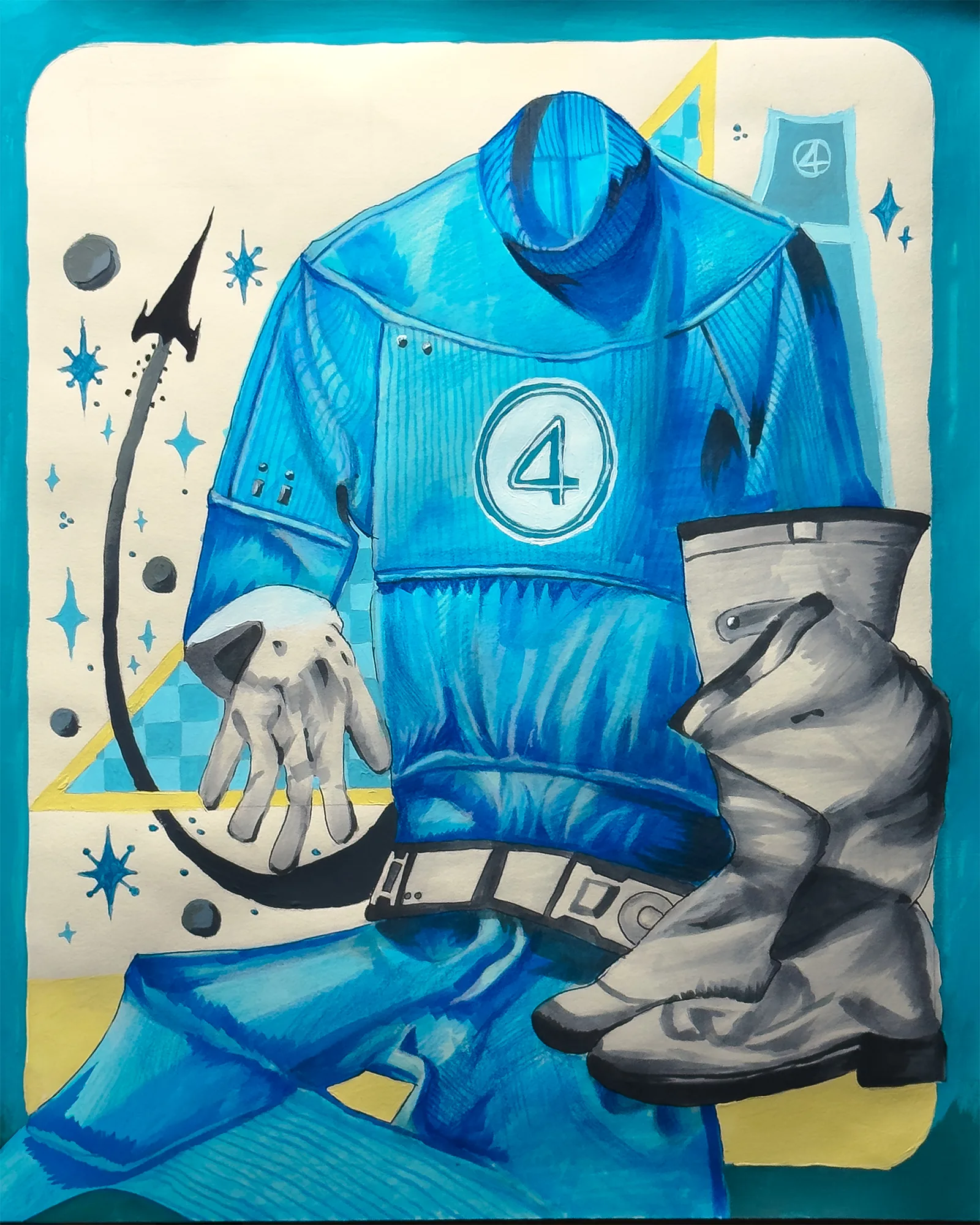 Alcohol marker, acrylic and coloured pencil still life of the Fantastic Four uniform, a blue suit with a circled four, a white glove in the sleeve, grey boots and a buckled belt, against cream with turquoise stars.