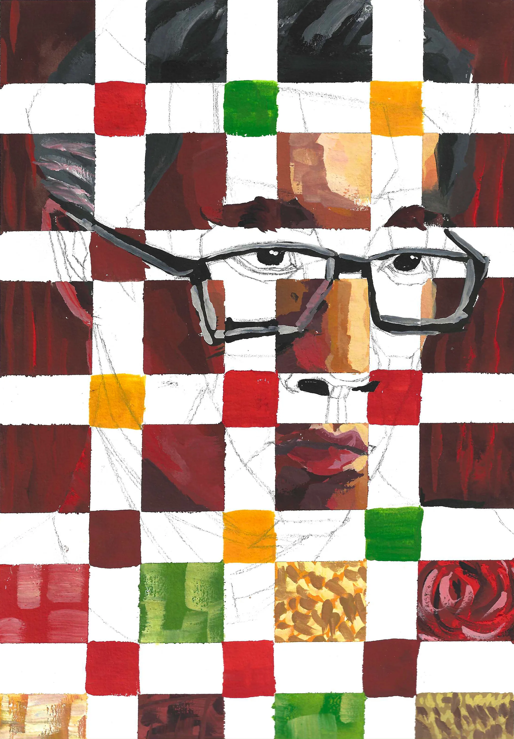The same self-portrait laid over a checkerboard grid, with only some squares filled in reds, greens and patterned textures and the rest left white.