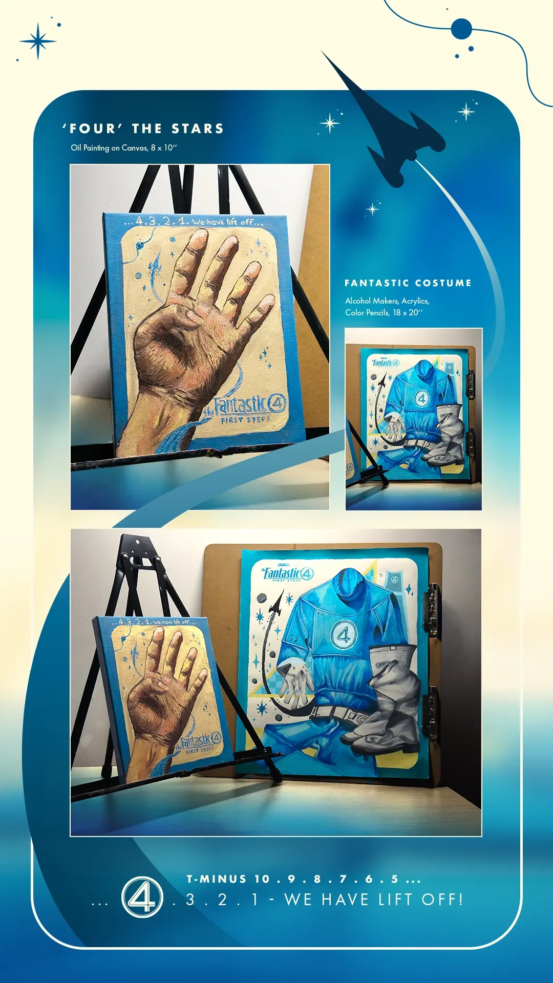 Vertical story layout labelling both works with their titles, media and dimensions beside a rocket graphic on a blue gradient.