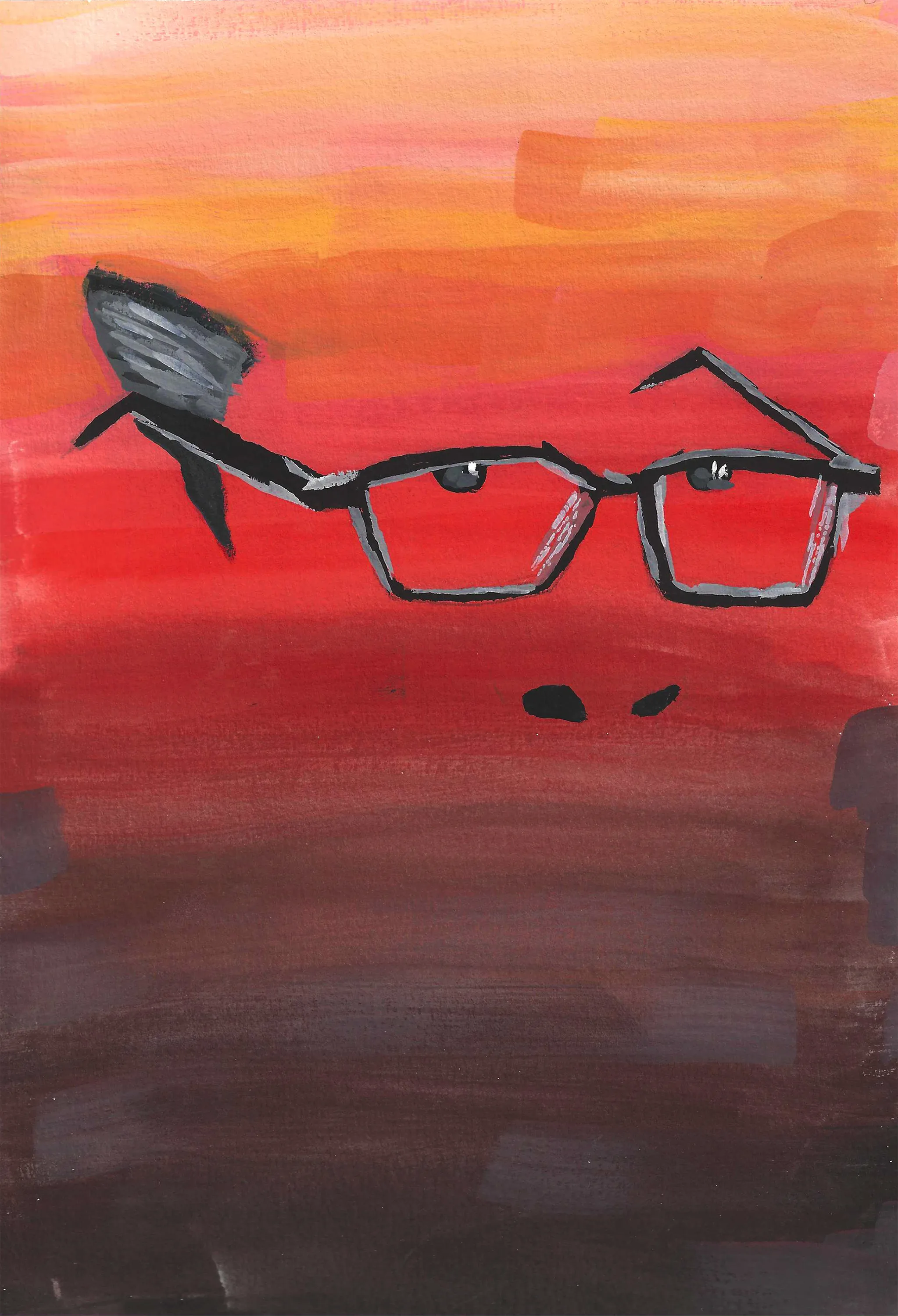 A reduced version of the self-portrait keeping only the black glasses and two nostril marks over a sunset wash of yellow, orange and deep maroon.